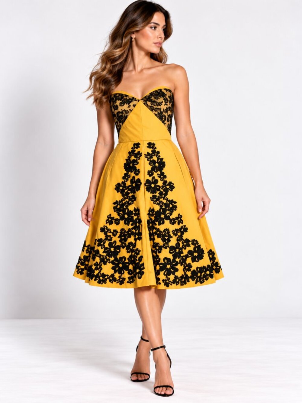 112 NWT  Oscar de la Renta 2016 Yellow Black Lace Floral Cocktail Dress Size 14
